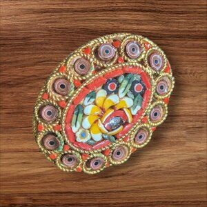 Vintage Italian Micro Mosaic Oval Brooch Pin Red Floral Gold-Tone 1.5" jewelry